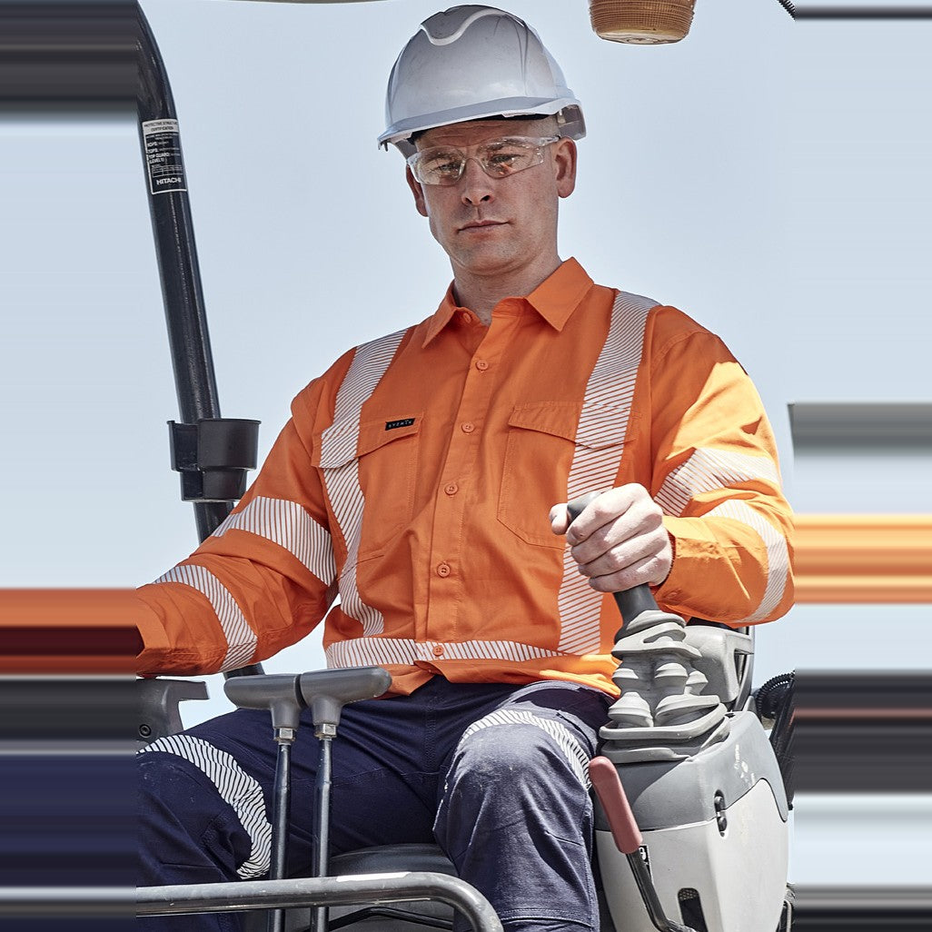 Syzmik Mens Hi Vis X Back NSW Rail Shirt - Segmented Tape ZW692 in Orange, worn by model