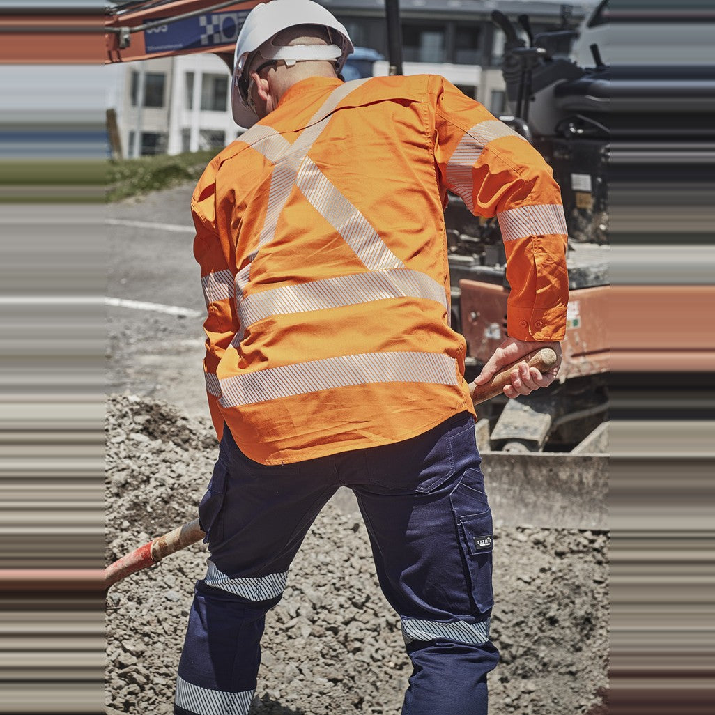 Syzmik Mens Hi Vis X Back NSW Rail Shirt - Segmented Tape ZW692 in Orange, worn by model, view 3