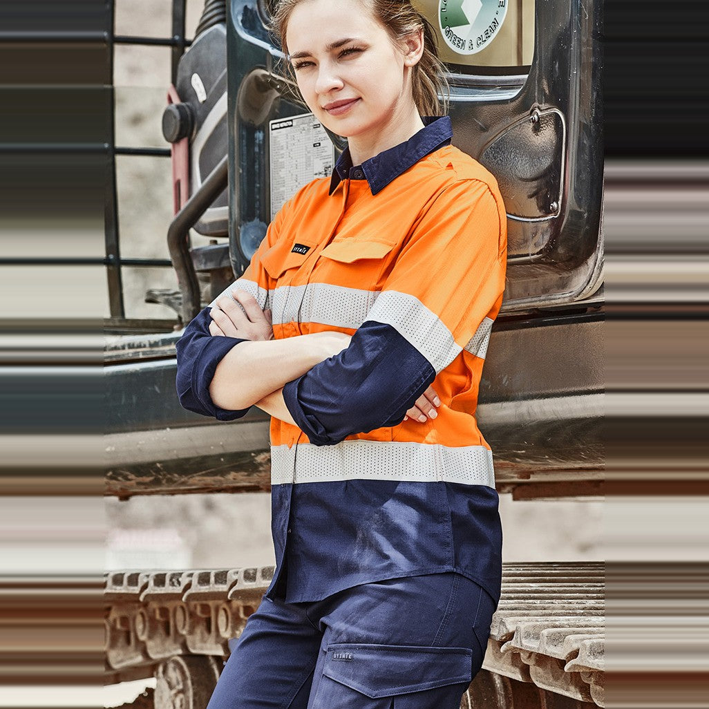 Syzmik Womens Rugged Cooling Hi Vis Taped Long Sleeve Shirt ZW720, worn by model