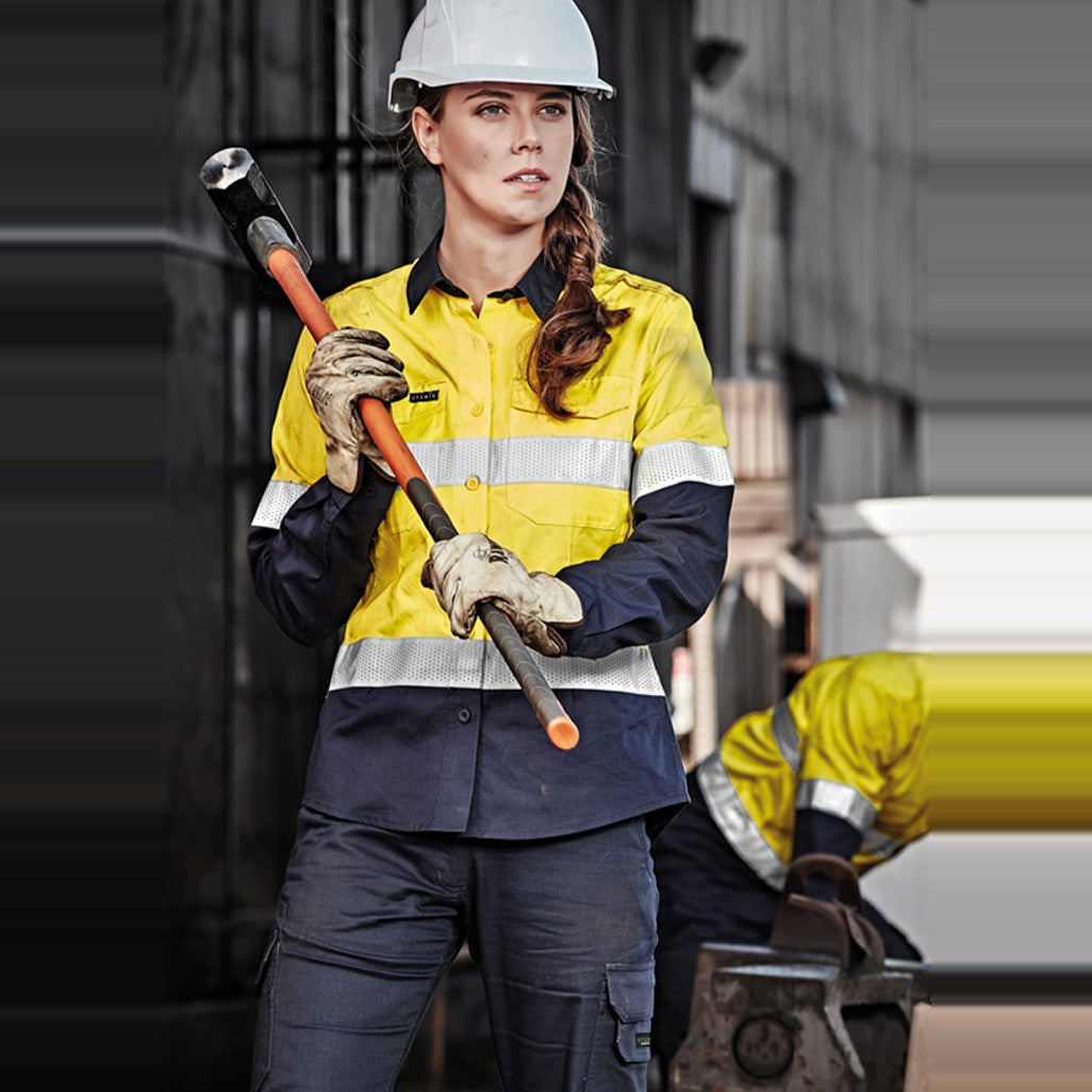 Syzmik Womens Rugged Cooling Hi Vis Taped Long Sleeve Shirt ZW720 in Yellow/Navy, worn by model