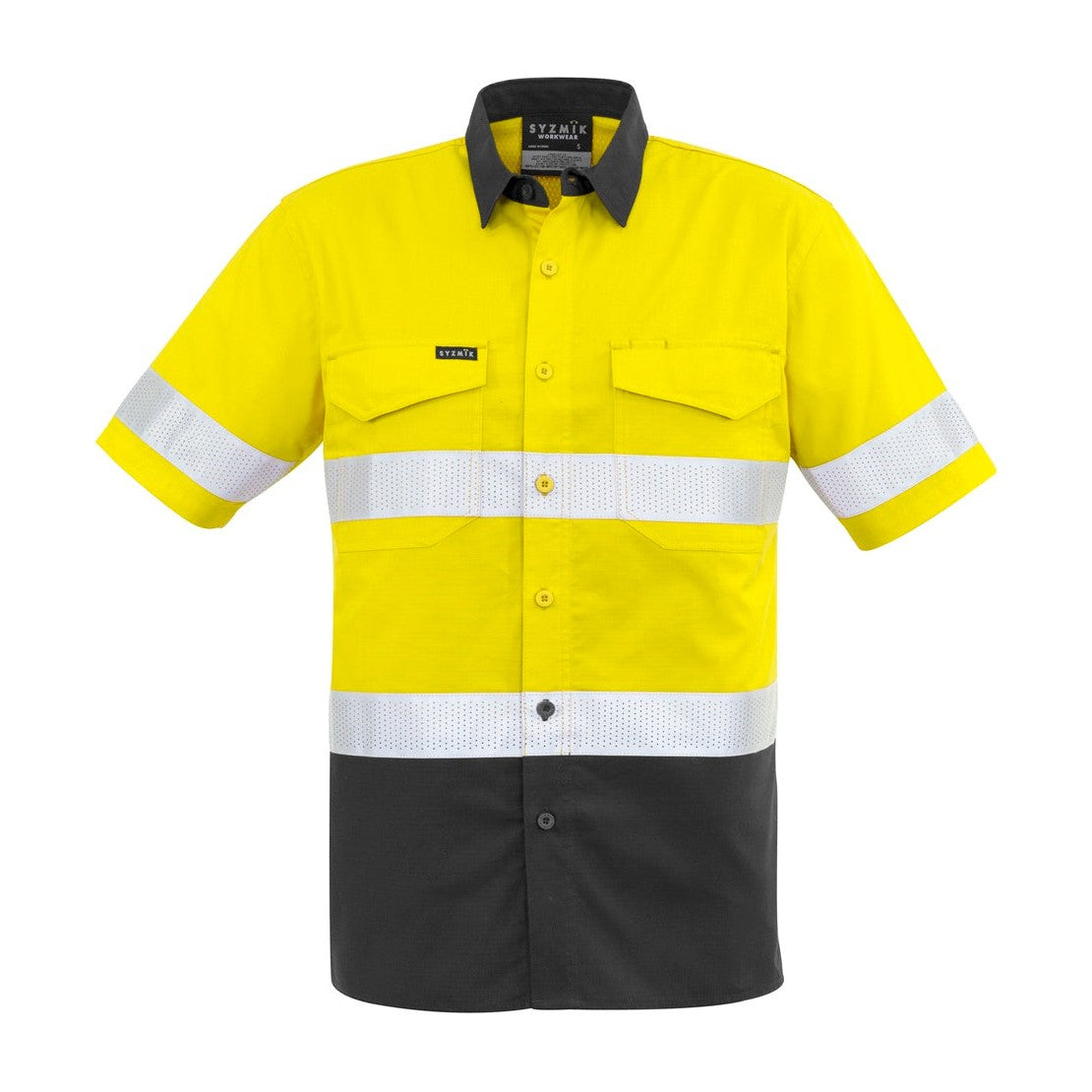 Syzmik  Mens Rugged Cooling Hi Vis Taped Short Sleeve Shirt ZW835 CLEARANCE in Yellow/Charcoal