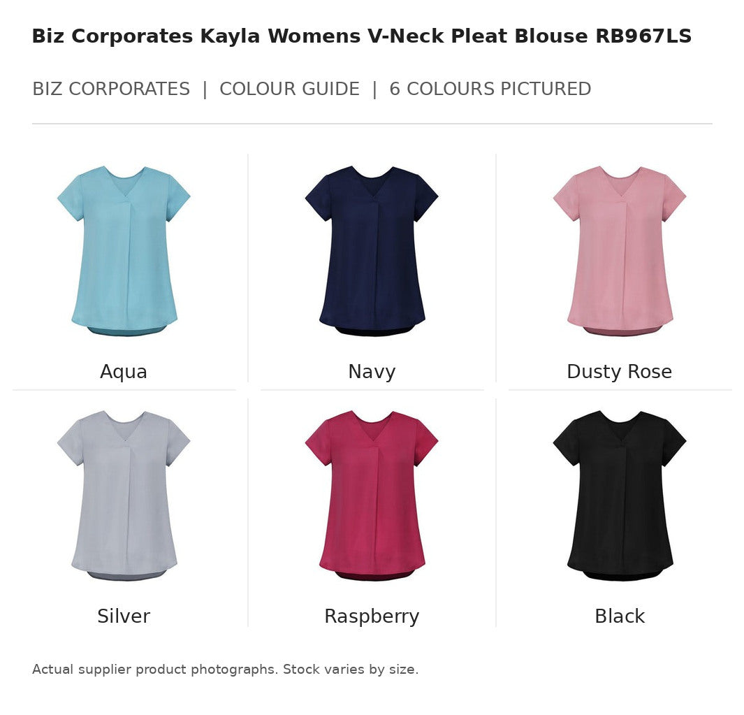 Biz Corporates Kayla Womens V-Neck Pleat Blouse RB967LS visual colour guide showing 6 garment colours with names
