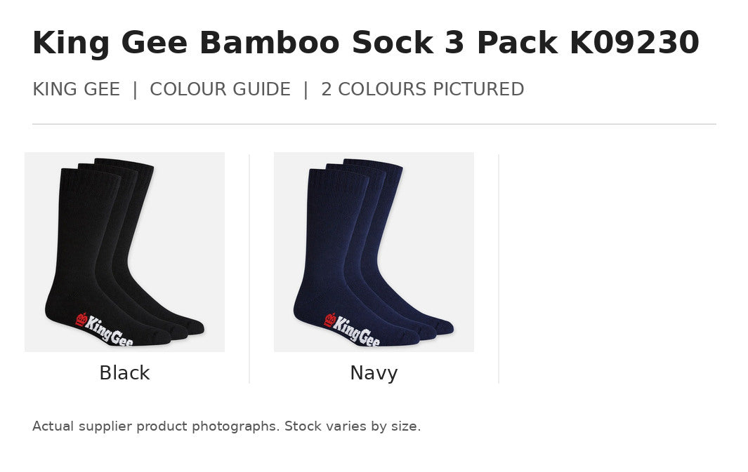 King Gee Bamboo Sock 3 Pack K09230 visual colour guide showing 2 garment colours with names