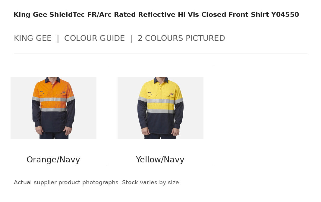 King Gee ShieldTec FR/Arc Rated Reflective Hi Vis Closed Front Shirt Y04550 visual colour guide showing 2 garment colours with names