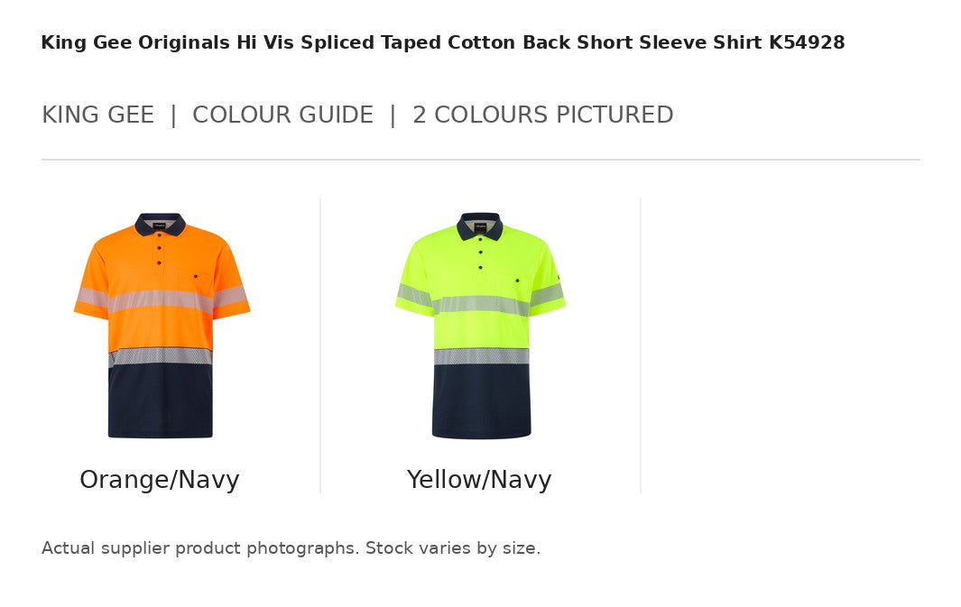 King Gee Originals Hi Vis Spliced Taped Cotton Back Short Sleeve Shirt K54928 visual colour guide showing 2 garment colours with names