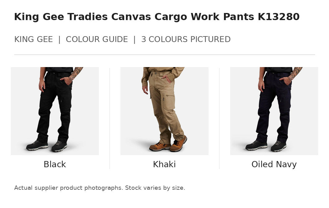 King Gee Tradies Canvas Cargo Work Pants K13280 visual colour guide showing 3 garment colours with names