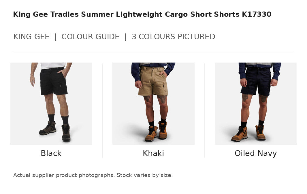 King Gee Tradies Summer Lightweight Cargo Short Shorts K17330 visual colour guide showing 3 garment colours with names