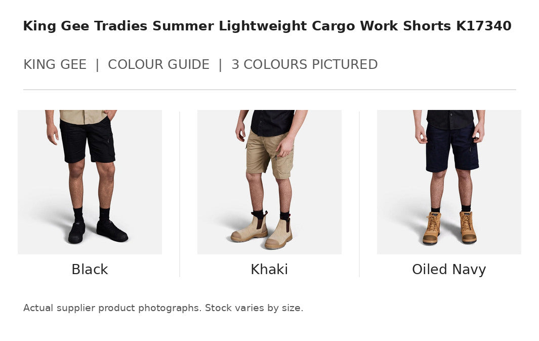 King Gee Tradies Summer Lightweight Cargo Work Shorts K17340 visual colour guide showing 3 garment colours with names