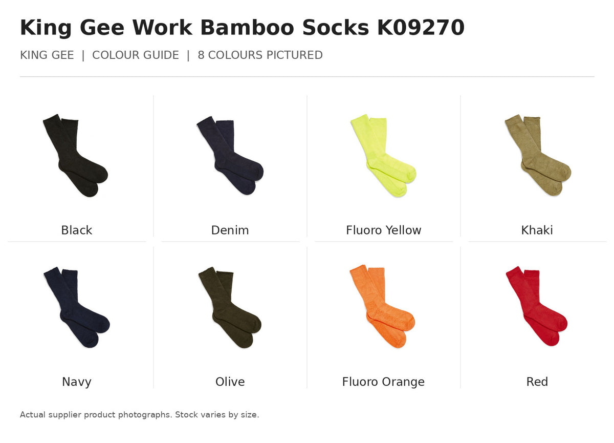King Gee Work Bamboo Socks K09270 visual colour guide showing 8 garment colours with names