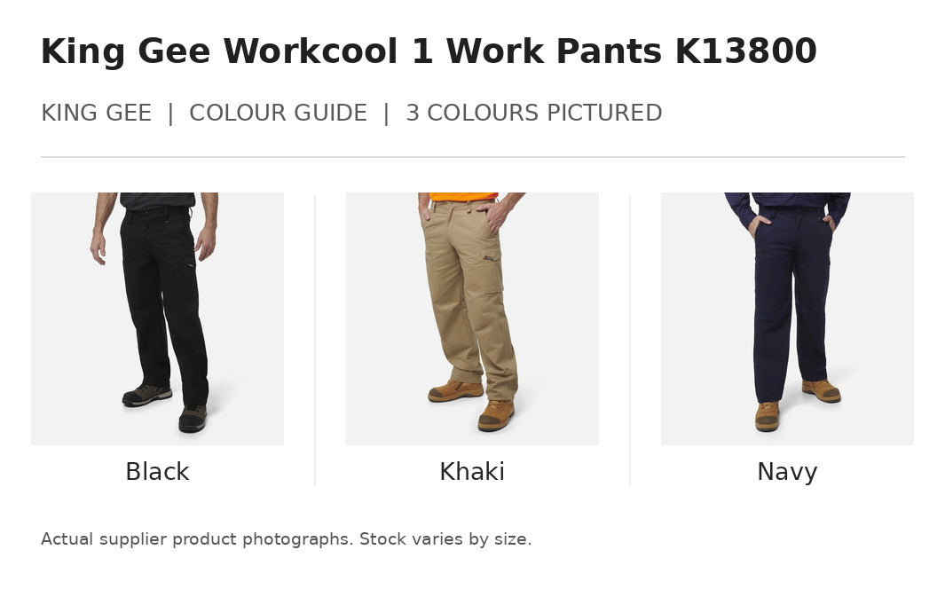 King Gee Workcool 1 Work Pants K13800 visual colour guide showing 3 garment colours with names