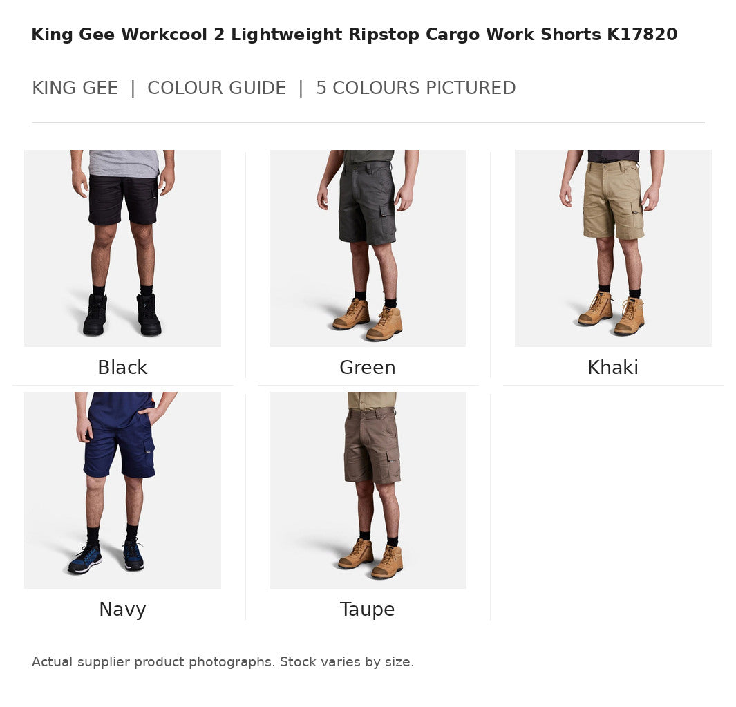 King Gee Workcool 2 Lightweight Ripstop Cargo Work Shorts K17820 visual colour guide showing 5 garment colours with names