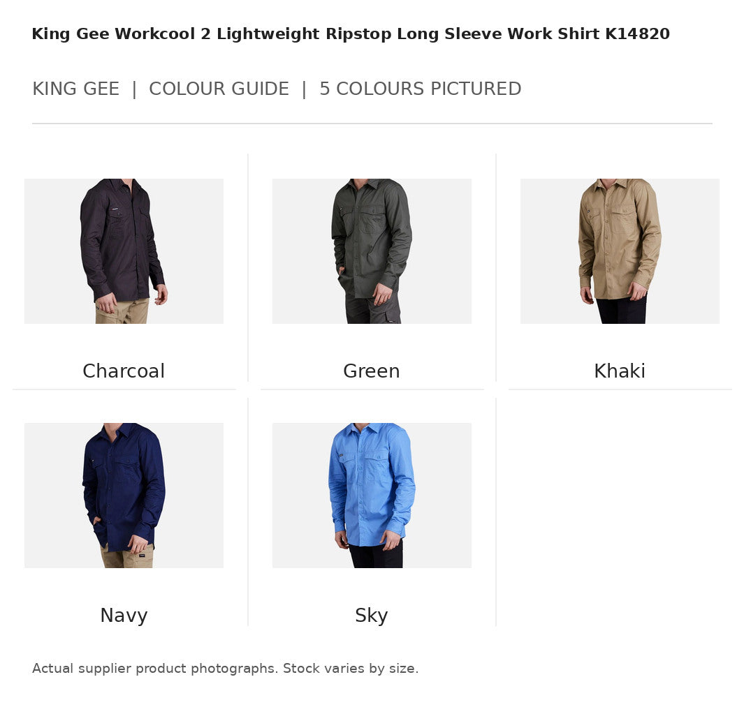 King Gee Workcool 2 Lightweight Ripstop Long Sleeve Work Shirt K14820 visual colour guide showing 5 garment colours with names