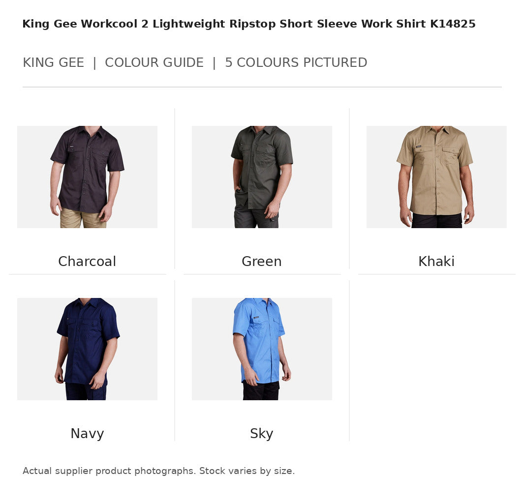 King Gee Workcool 2 Lightweight Ripstop Short Sleeve Work Shirt K14825 visual colour guide showing 5 garment colours with names