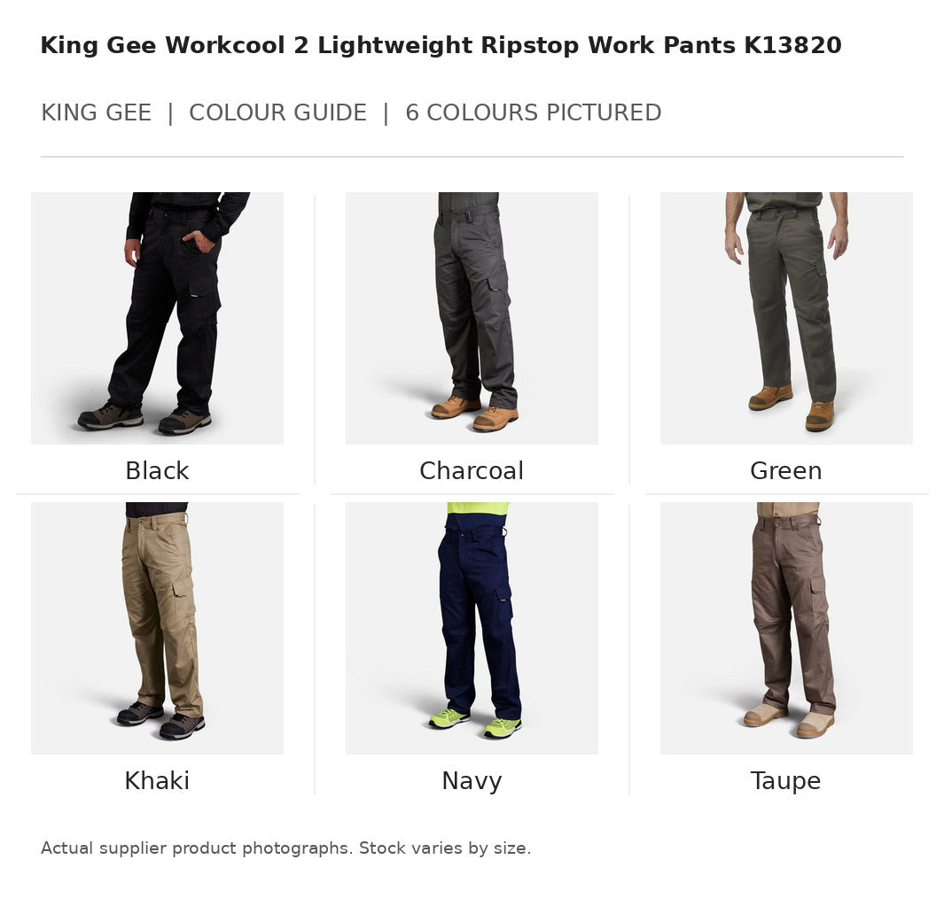 King Gee Workcool 2 Lightweight Ripstop Work Pants K13820 visual colour guide showing 6 garment colours with names