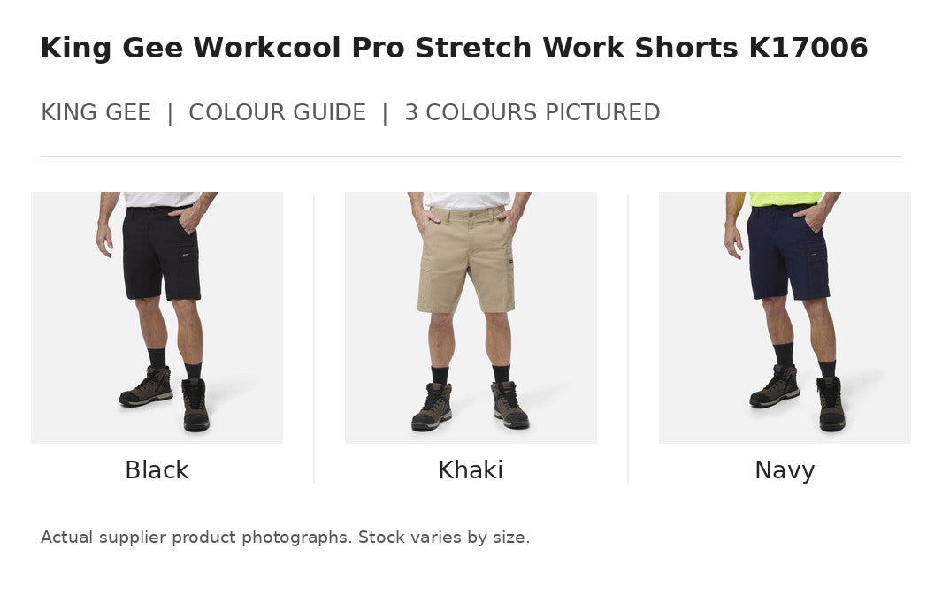 King Gee Workcool Pro Stretch Work Shorts K17006 visual colour guide showing 3 garment colours with names