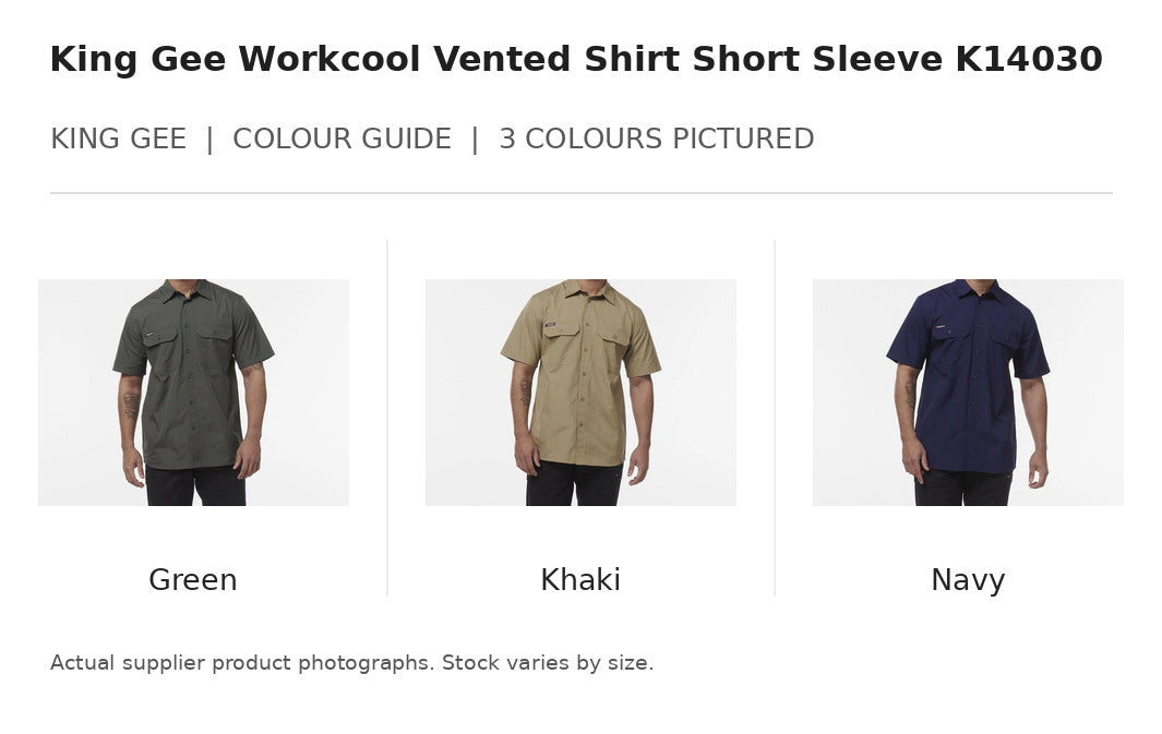 King Gee Workcool Vented Shirt Short Sleeve K14030 visual colour guide showing 3 garment colours with names