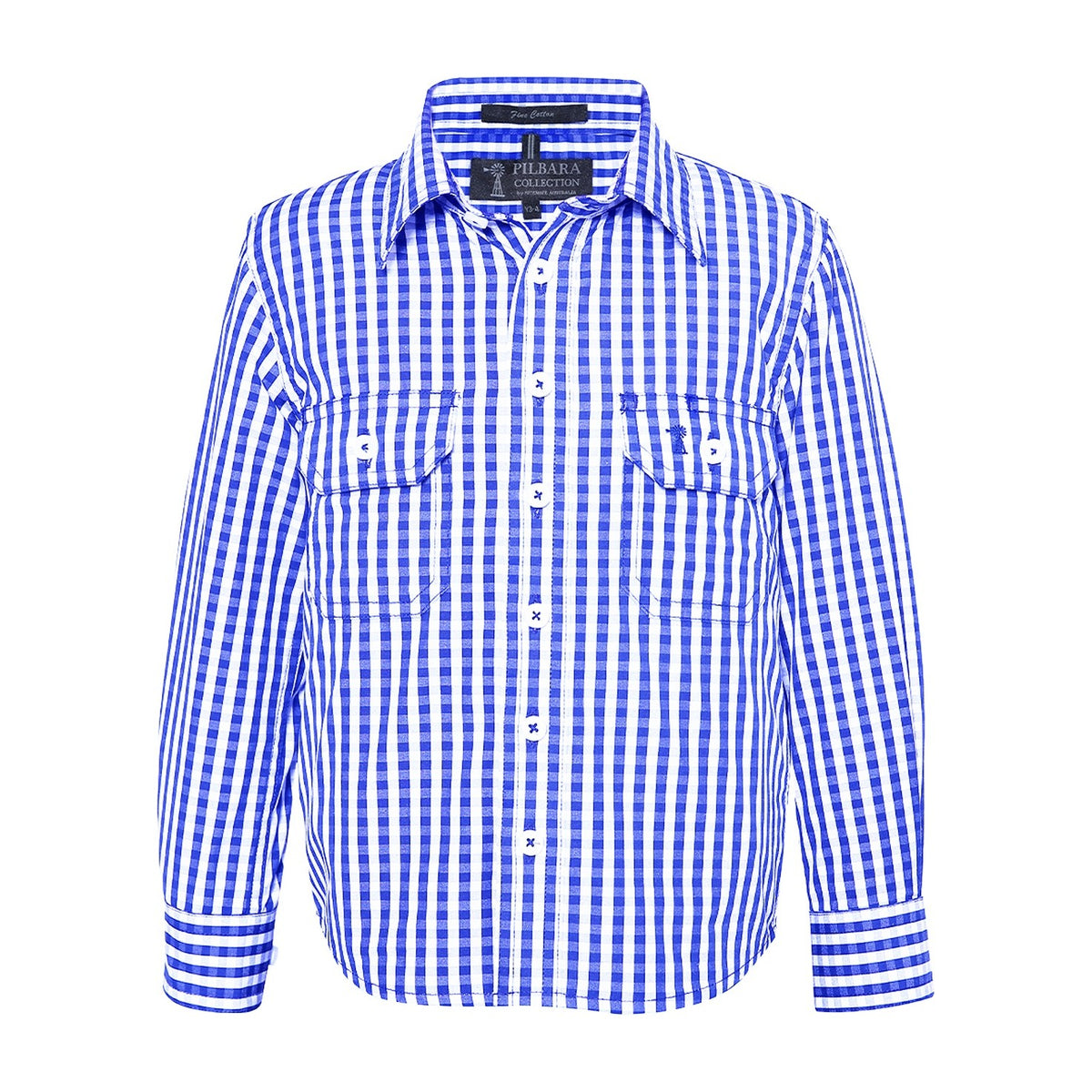 Pilbara Kids Long Sleeve Shirt RMPC001 in Blue/White Mini Check