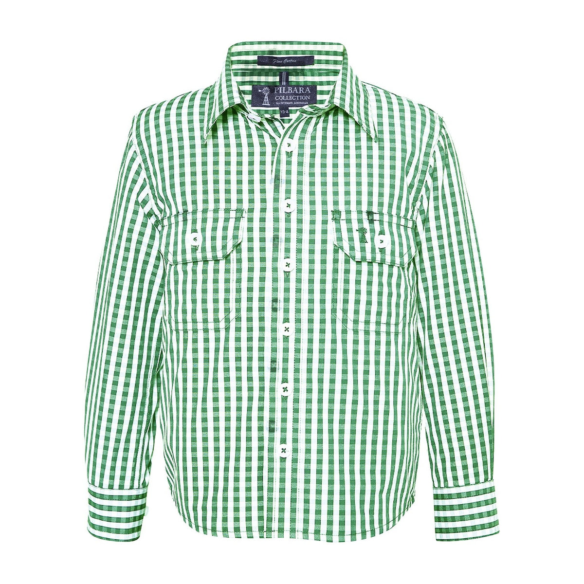 Pilbara Kids Long Sleeve Shirt RMPC001 in Emerald/White Mini Check