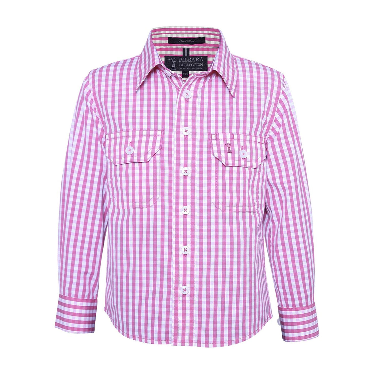 Pilbara Kids Long Sleeve Shirt RMPC001 in Pink/White Mini Check