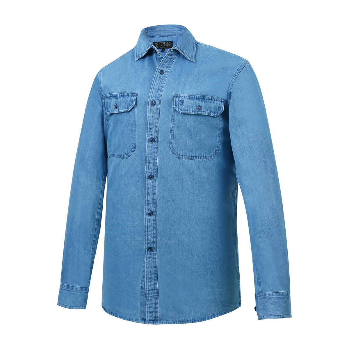 Pilbara Mens Denim Long Sleeve Shirt RMPC026 in Mid Indigo