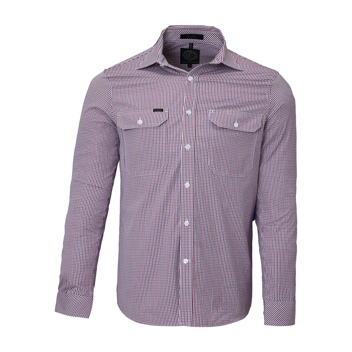 Pilbara Mens Long Sleeve Shirt Double Pockets RMPC008 in Red/Navy/White Small Check