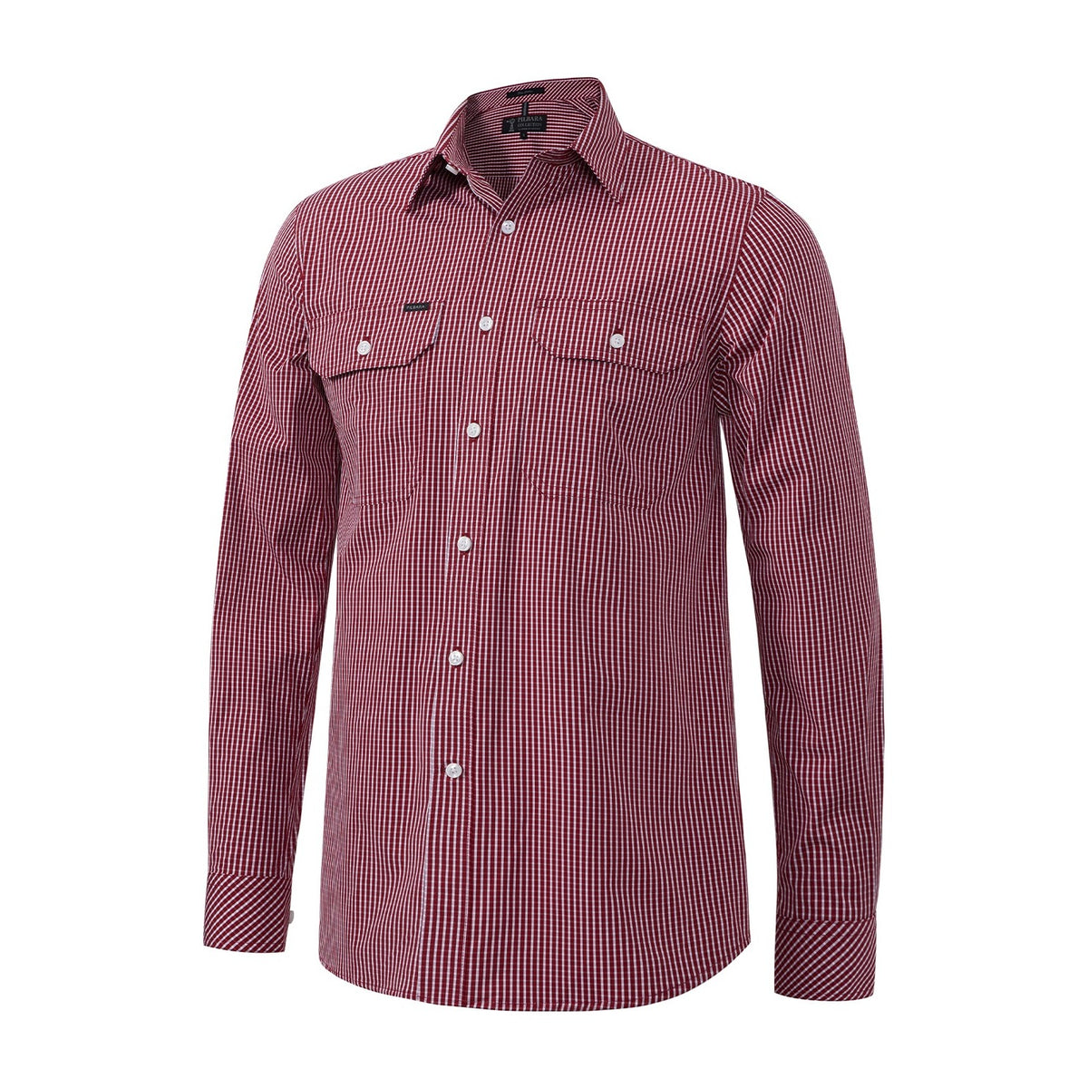 Pilbara Mens Long Sleeve Shirt Double Pockets RMPC009 in Red/White Small Check
