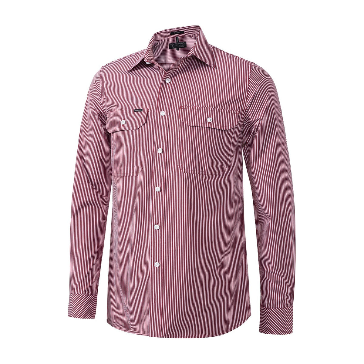 Pilbara Mens Long Sleeve Shirt Double Pockets RMPC010 in Red/White Small Stripe