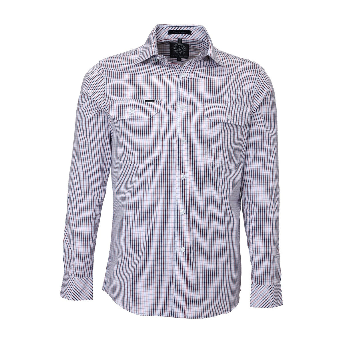 Pilbara Mens Long Sleeve Shirt Double Pockets RMPC011 in Red/Navy/White Check