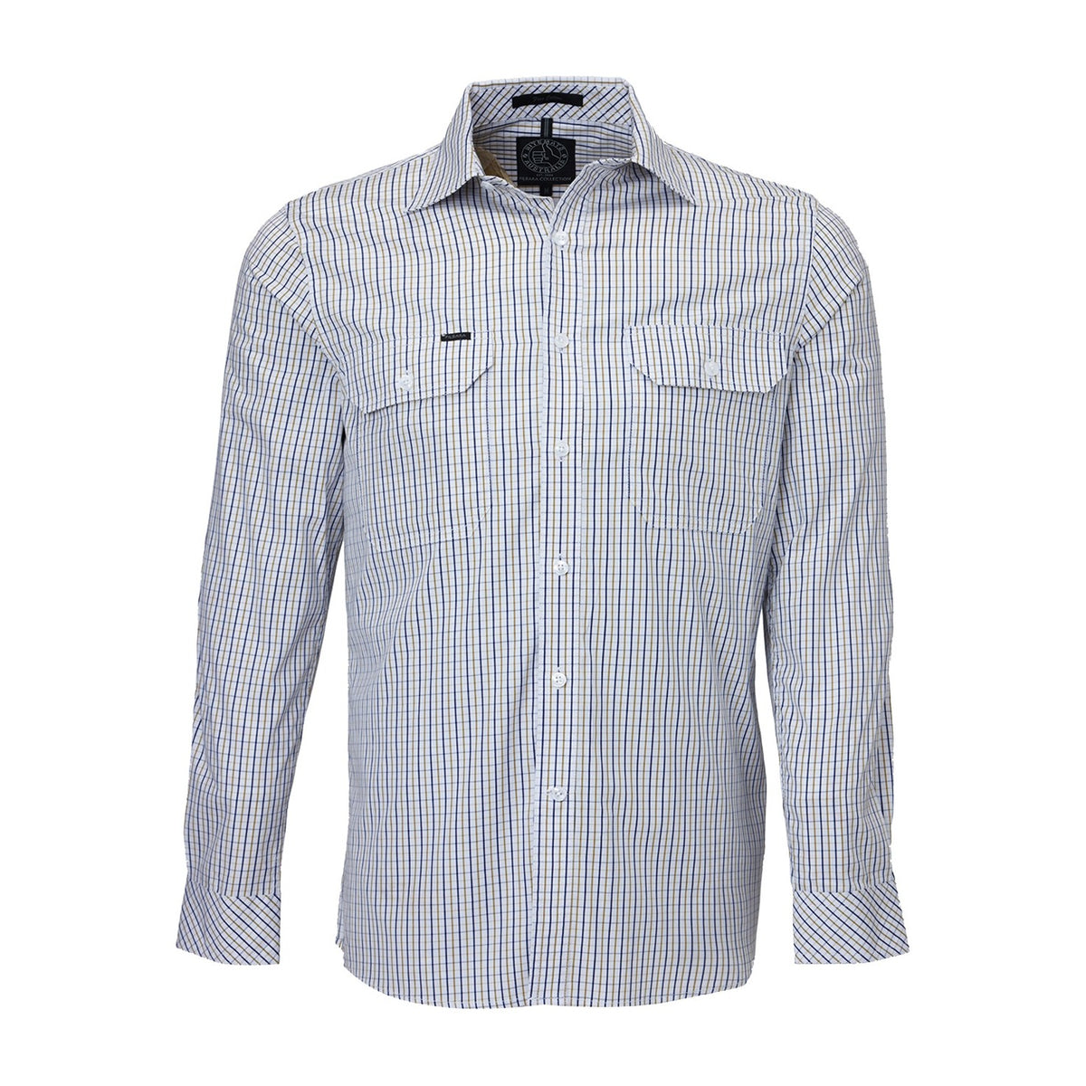 Pilbara Mens Long Sleeve Shirt Double Pockets RMPC011 in Safari/Navy/White Check