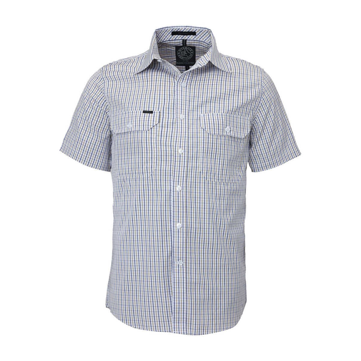 Pilbara Mens Short Sleeve Shirt Double Pockets RMPC011S in Safari/Navy/White Check