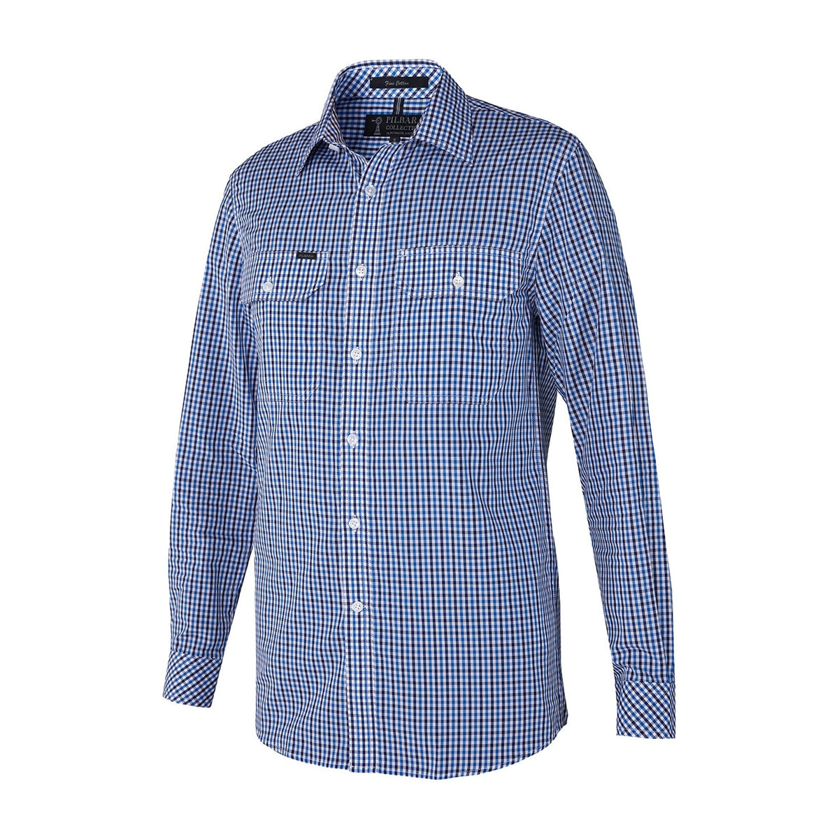 Pilbara Mens Yarn Dyed Check Dual Pocket Long Sleeve Shirt RMPC060 in Cobalt Blue/Navy/White