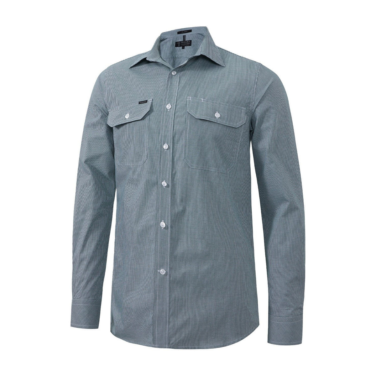 Pilbara Mens Yarn Dyed Check Dual Pocket Long Sleeve Shirt RMPC063 in Green/White Mini Check