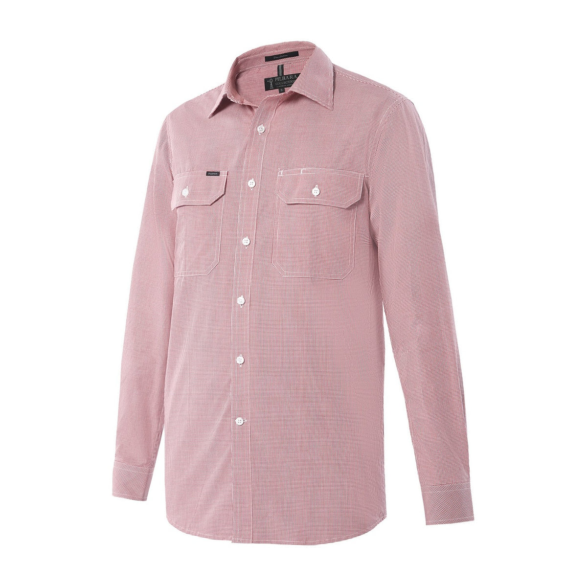 Pilbara Mens Yarn Dyed Check Dual Pocket Long Sleeve Shirt RMPC063 in Red/White Mini Check