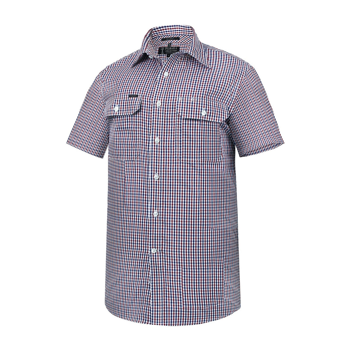Pilbara Mens Yarn Dyed Check Dual Pocket Short Sleeve Shirt RMPC060S in Maroon/Navy/White