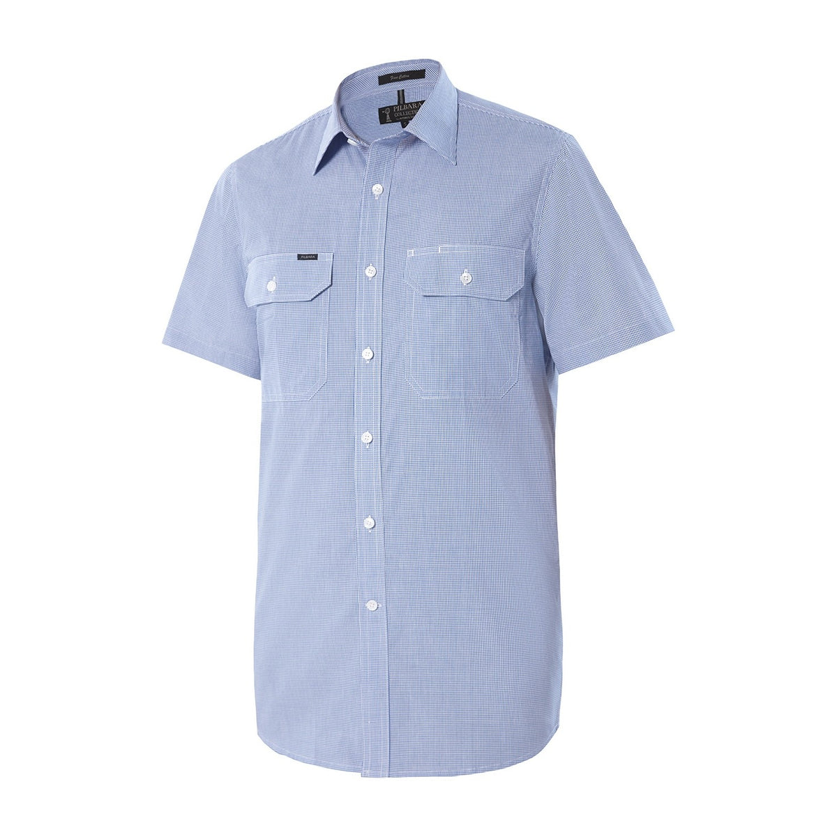 Pilbara Mens Yarn Dyed Check Dual Pocket Short Sleeve Shirt RMPC063S in Blue/White Mini Check