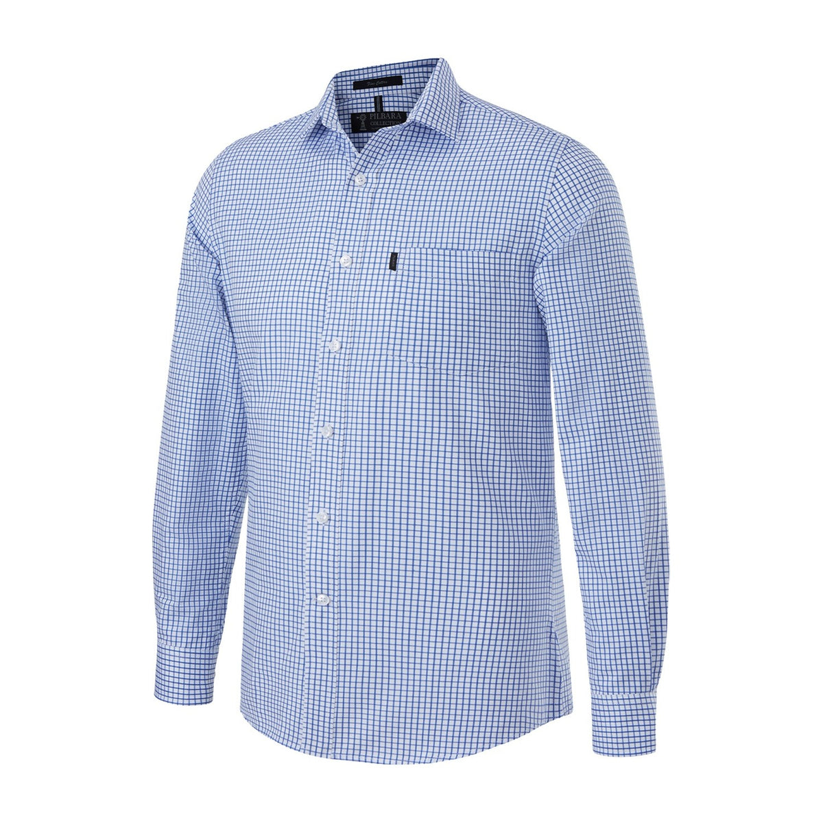 Pilbara Mens Yarn Dyed Check Single Pocket Long Sleeve Shirt RMPC114 in Blue/White