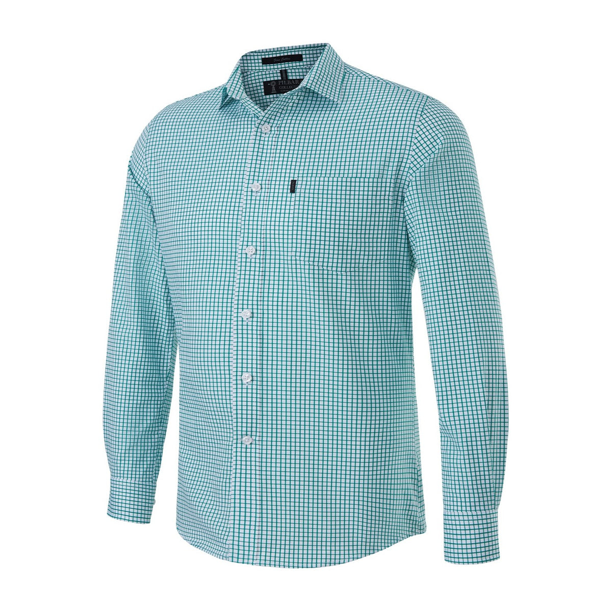 Pilbara Mens Yarn Dyed Check Single Pocket Long Sleeve Shirt RMPC114 in Emerald/White
