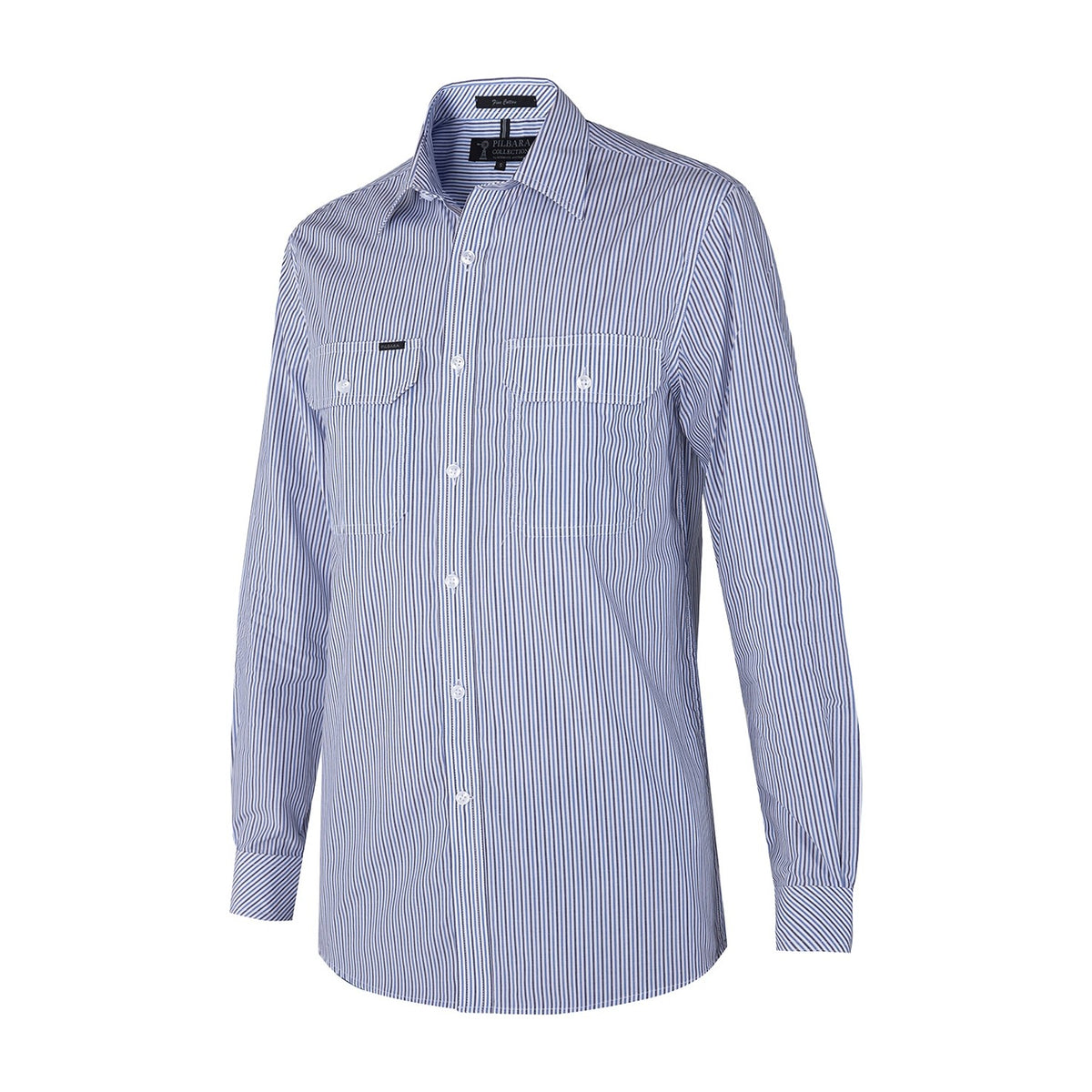 Pilbara Mens Yarn Dyed Stripe Dual Pocket Long Sleeve Shirt RMPC058 in Blue/Navy/White Stripe
