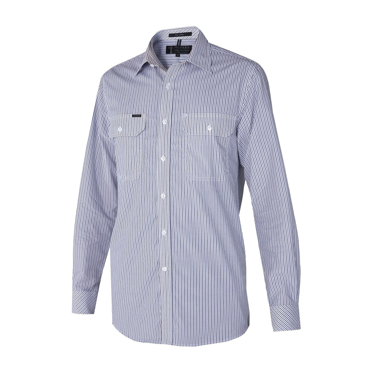 Pilbara Mens Yarn Dyed Stripe Dual Pocket Long Sleeve Shirt RMPC058 in Grey/Navy/White Stripe