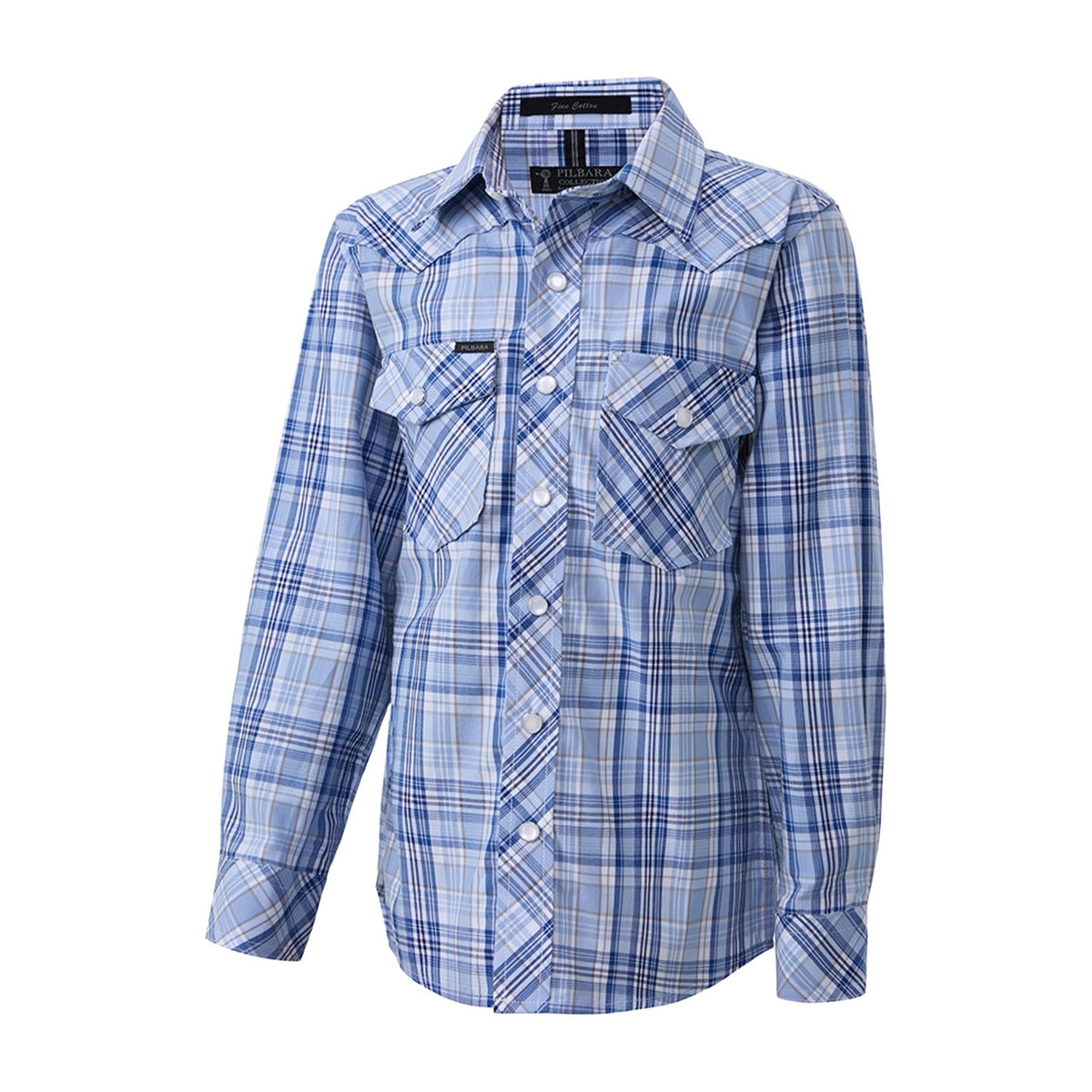 Pilbara Western Kids Snap Button Long Sleeve Shirt RMPW010 in Blue/Navy/White