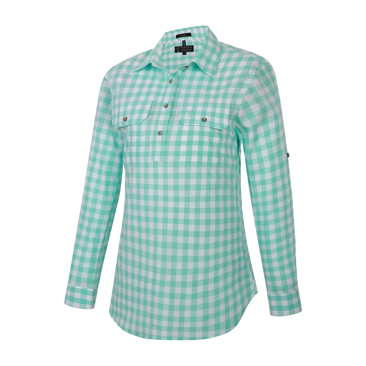 Pilbara Womens Yarn Dyed Check Closed Front Long Sleeve Shirt RMPC155 in Mint/White