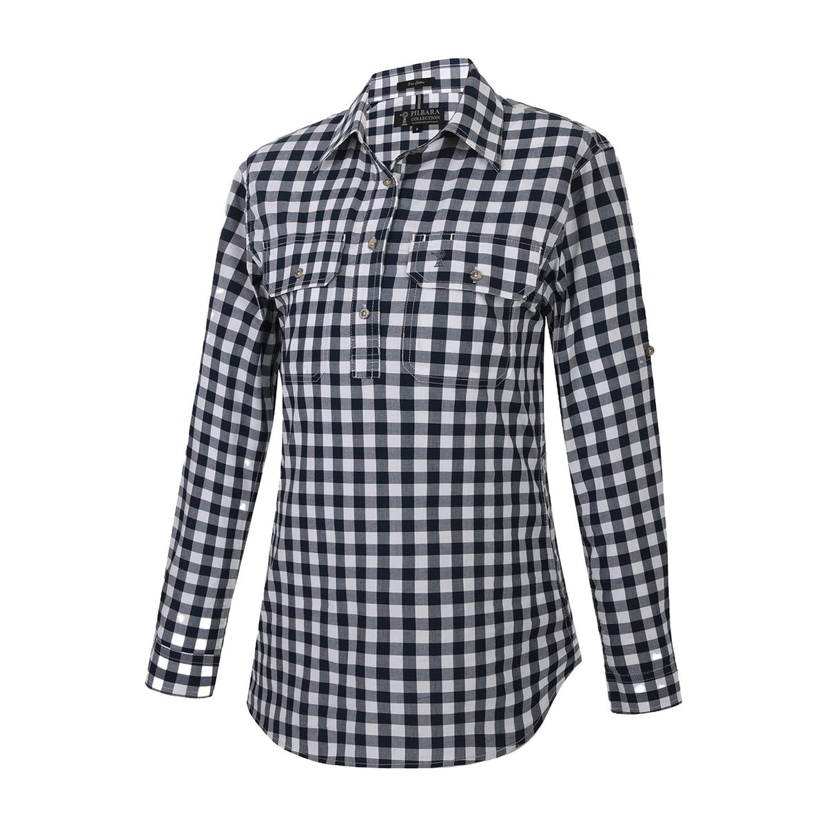Pilbara Womens Yarn Dyed Check Closed Front Long Sleeve Shirt RMPC155 in Navy/White