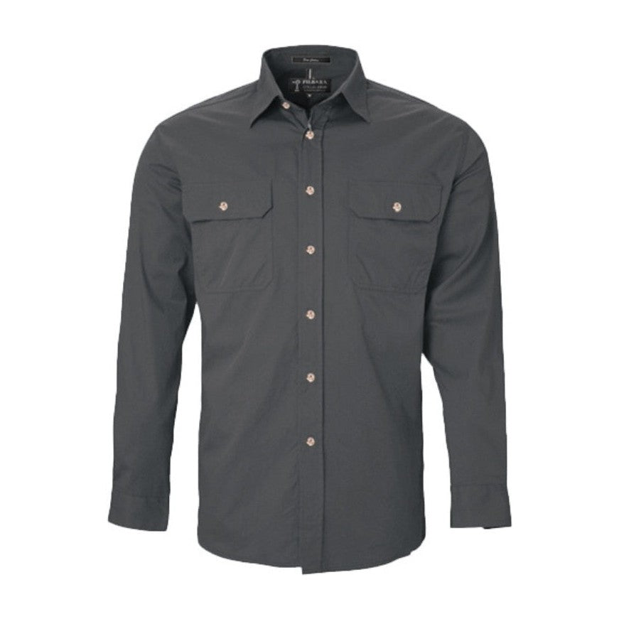 Pilbara Mens Open Front Long Sleeve Shirt RM500BT in Charcoal