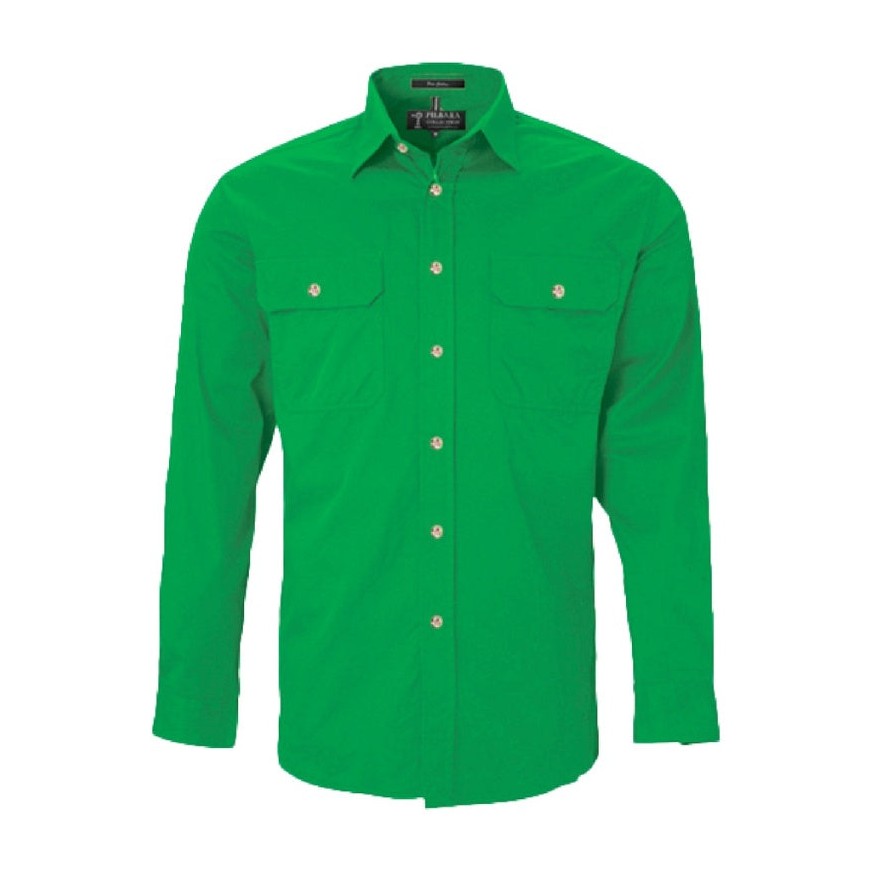 Pilbara Mens Open Front Long Sleeve Shirt RM500BT in Kelly Green