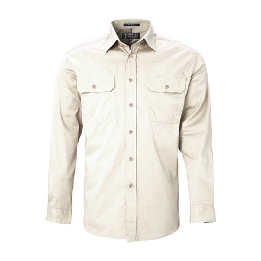 Pilbara Mens Open Front Long Sleeve Shirt RM500BT in Stone