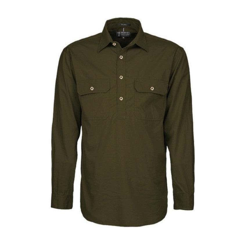 Pilbara Mens Closed Front Long Sleeve Shirt RM200CF in Olive