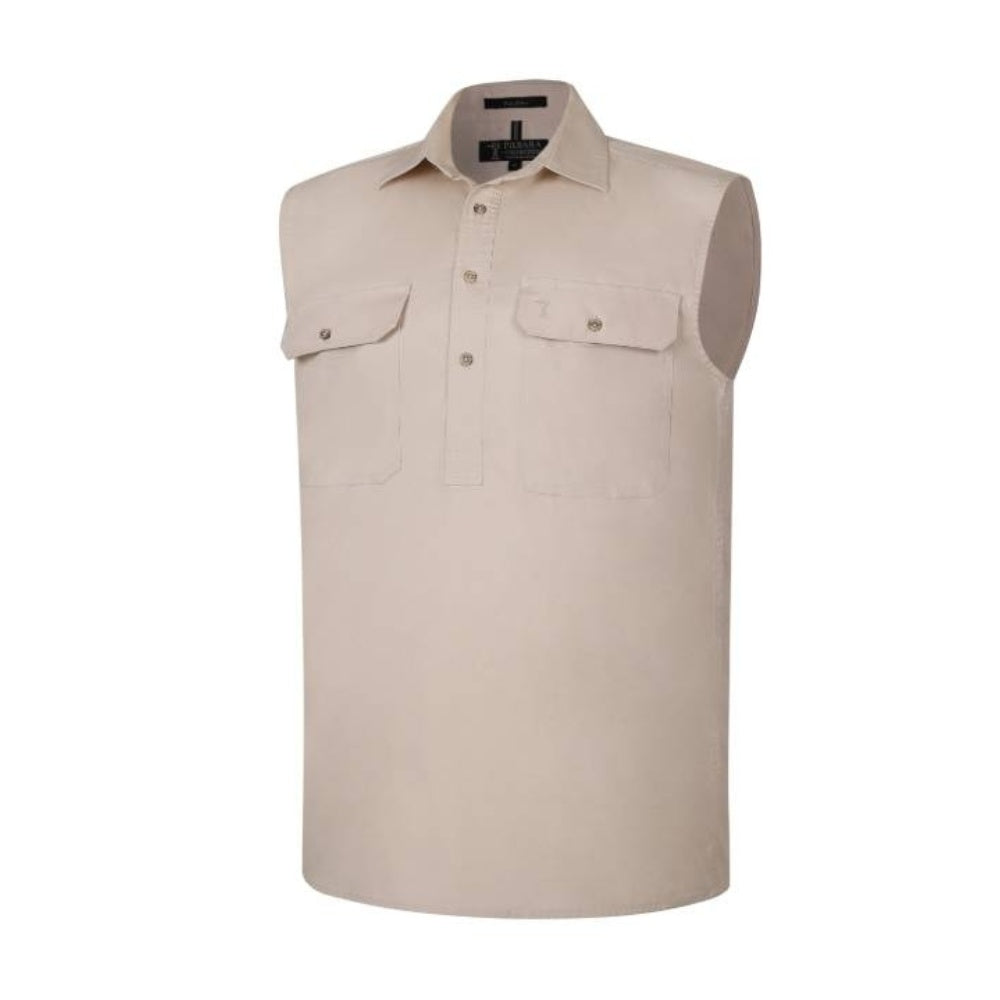Pilbara Mens Closed Front Sleeveless Shirt RM700CF in Stone