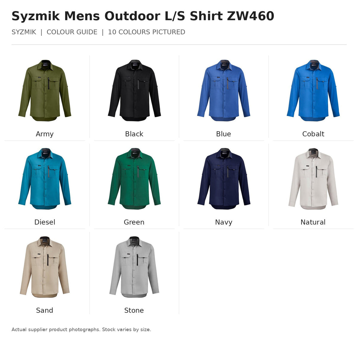 Syzmik Mens Outdoor L/S Shirt ZW460 visual colour guide showing 10 garment colours with names