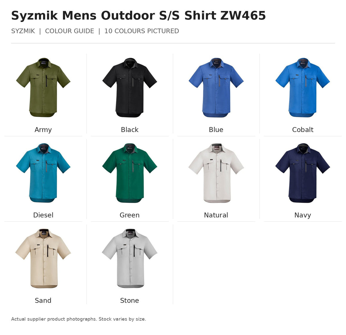 Syzmik Mens Outdoor S/S Shirt ZW465 visual colour guide showing 10 garment colours with names