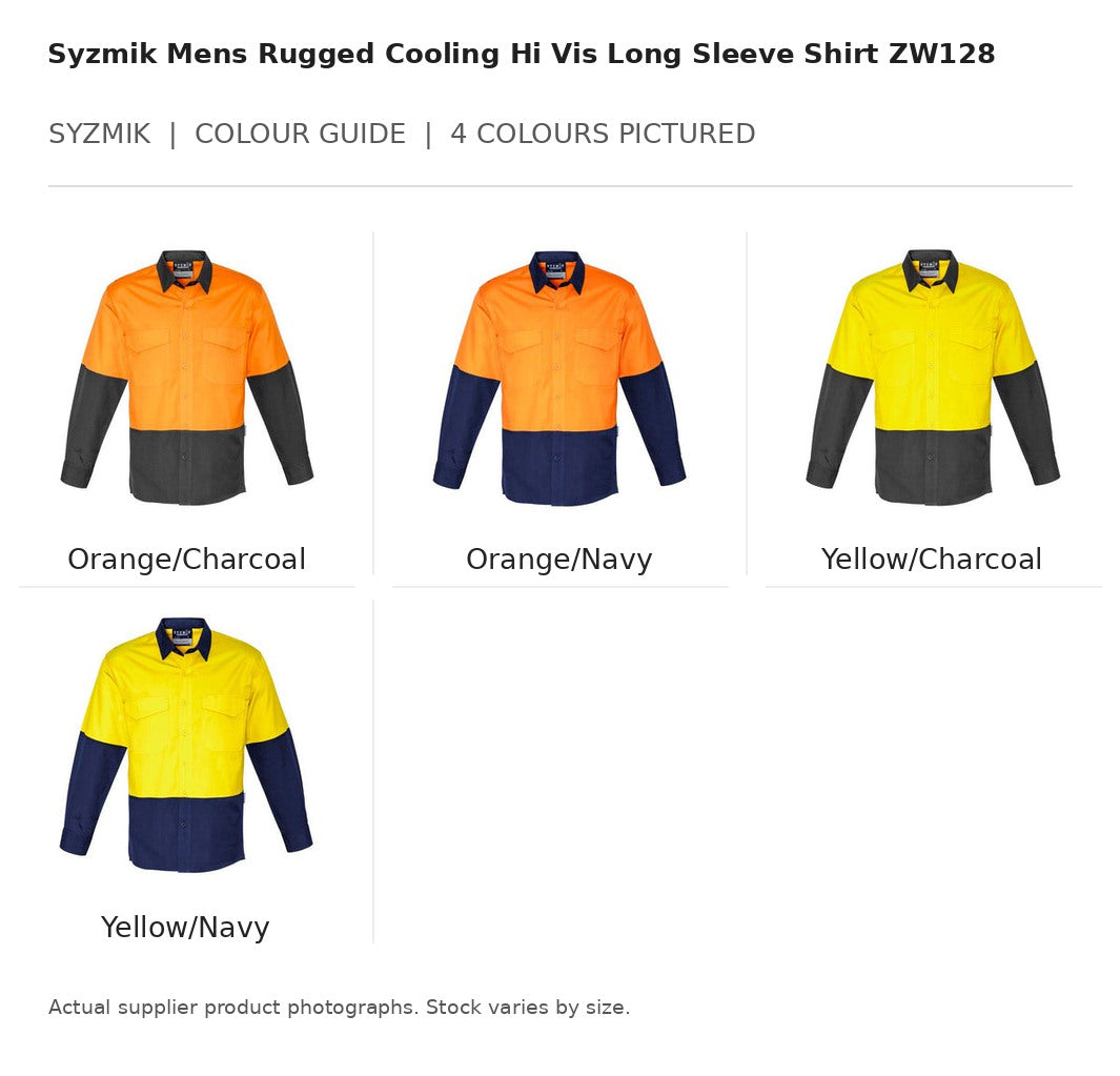Syzmik Mens Rugged Cooling Hi Vis Long Sleeve Shirt ZW128 visual colour guide showing 4 garment colours with names